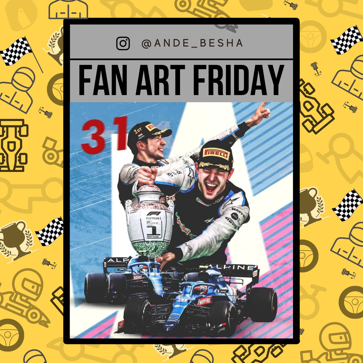 GridTalk_'s tweet photo. This week on Fan Art Friday we have this artwork of Ocon's win in Hungary by graphic designer @/ande_besha on Instagram! Make sure to give them a follow.⁠
⁠
#F1 #HungarianGP #FanArtFriday https://t.co/MIbVwJpGm3