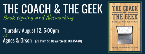 EnthusiAdams's tweet photo. To all my Dayton area friends. Business leaders/athletics leaders unite for this fun, educational networking event. Please join the Geek @jeffvanfleet (my co-author) for an opportunity to beg, borrow and steal leadership and culture building ideas from each other! @coachandgeek https://t.co/ECk8rVsh8r