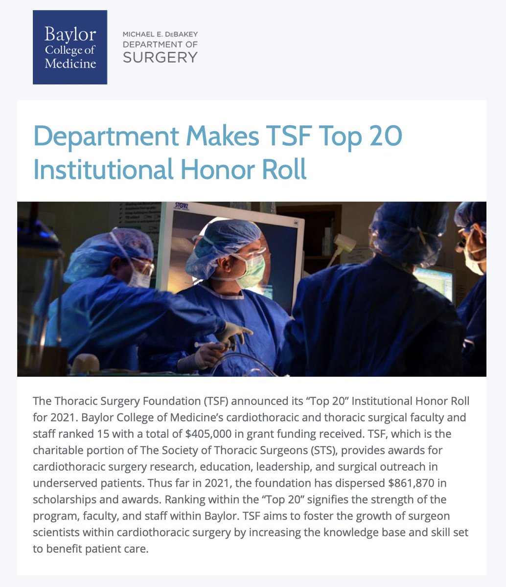 Congratulations! Baylor's cardiothoracic and thoracic surgical faculty and staff make the 'Top 20' Honor Roll. #DeBakeySurgeons

@BCM_Surgery @BCM_CTSurgery @STS_CTsurgery @CTSurgeryFdn