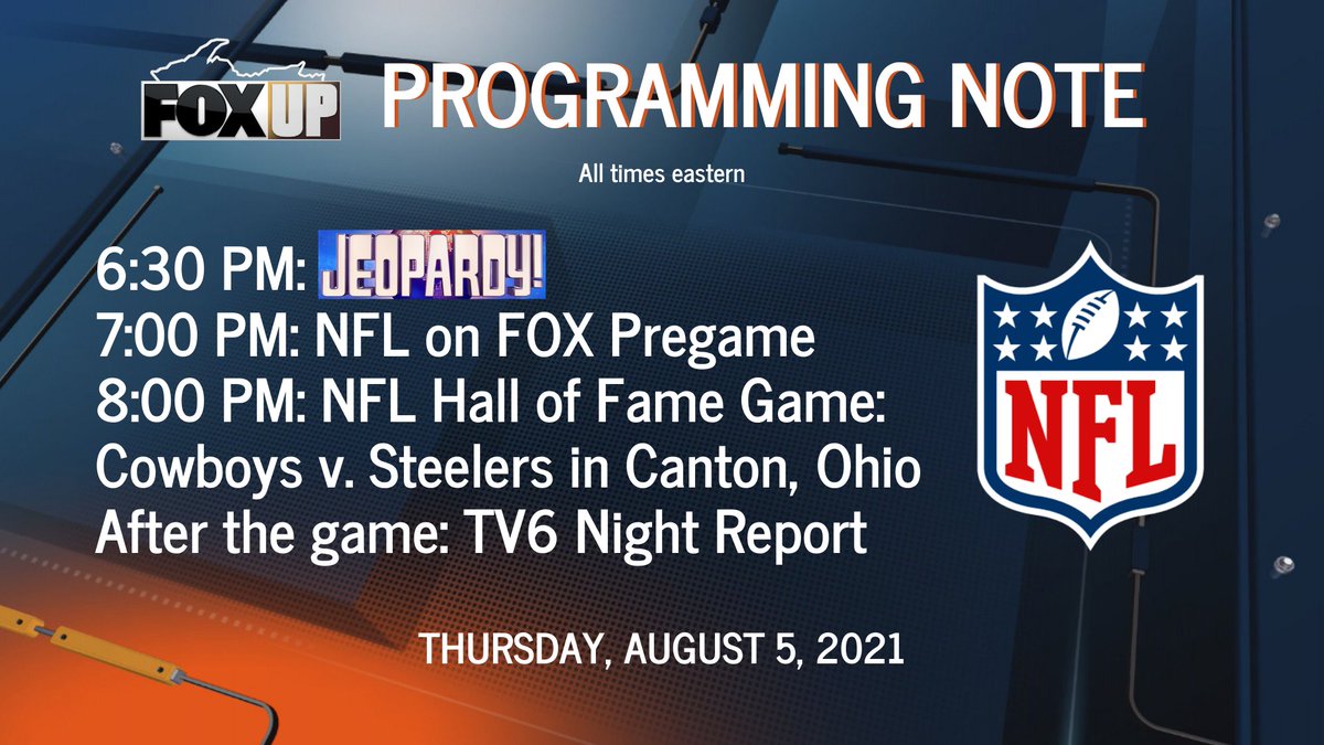wluctv6's tweet image. A #ProgrammingAlert for FOX UP tonight: @Jeopardy! will air early, at 6:30 p.m. ET, to account for tonight's @NFLonFOX @NFL Hall of Fame Game from Canton, Ohio. | Check out the TV listings here: uppermichiganssource.com/programming/sc…