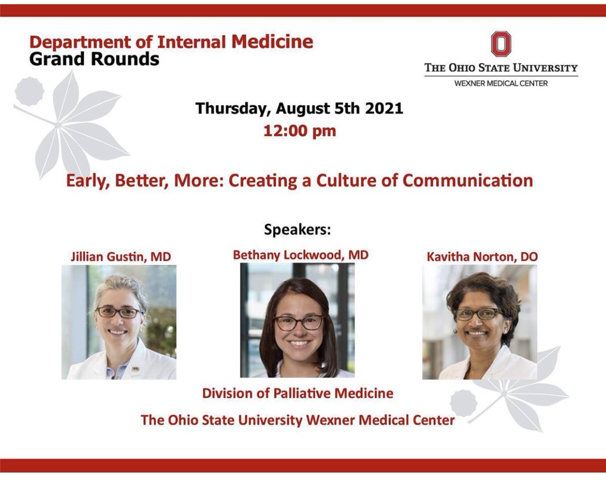 Celebrating with our colleagues as they present DOIM Grand Rounds <a href="/OSUWexMed/">The Ohio State University Wexner Medical Center</a>

“Earlier, Better, More:  Creating a Culture of Communication”
<a href="/JillianGustin/">Jillian Gustin</a> <a href="/BLockwoodMD/">Bethany Lockwood</a> <a href="/KavithaNorton/">Kavitha Norton 💬</a> 

<a href="/OSUCCC_James/">The James at Ohio State</a> 
<a href="/OhioStateIMRes/">Ohio State Internal Medicine Residency</a>
<a href="/OhioStateMed/">The Ohio State University College of Medicine</a> <a href="/vitaltalk/">VitalTalk</a>