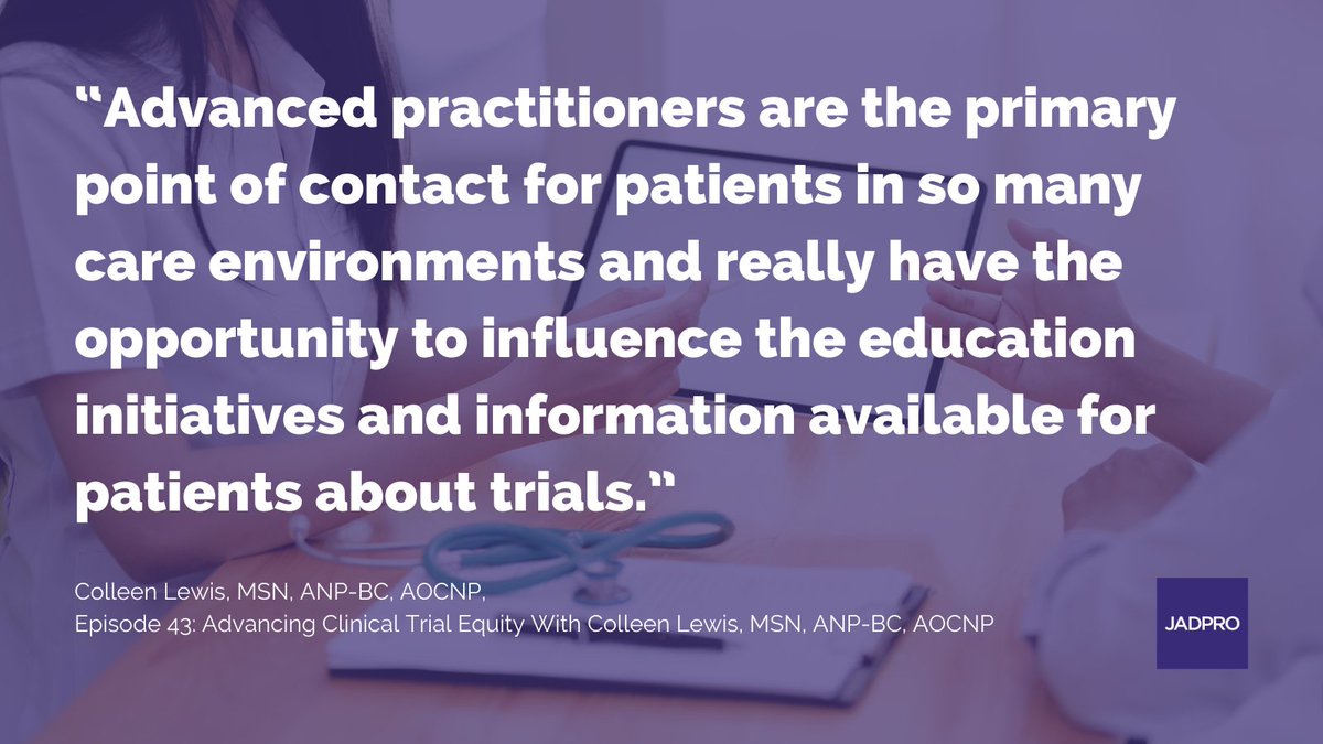 APSHOorg's tweet image. Have you listened to episode 43 of the #JADPRO #Podcast? #APSHO member Colleen Lewis, MSN, ANP-BC, AOCNP, talks about the critical role #oncology #AdvancedPractitioners can play in moving the needle on equity and inclusion in cancer #ClinicalTrials. advancedpractitioner.com/episode-43-adv…
