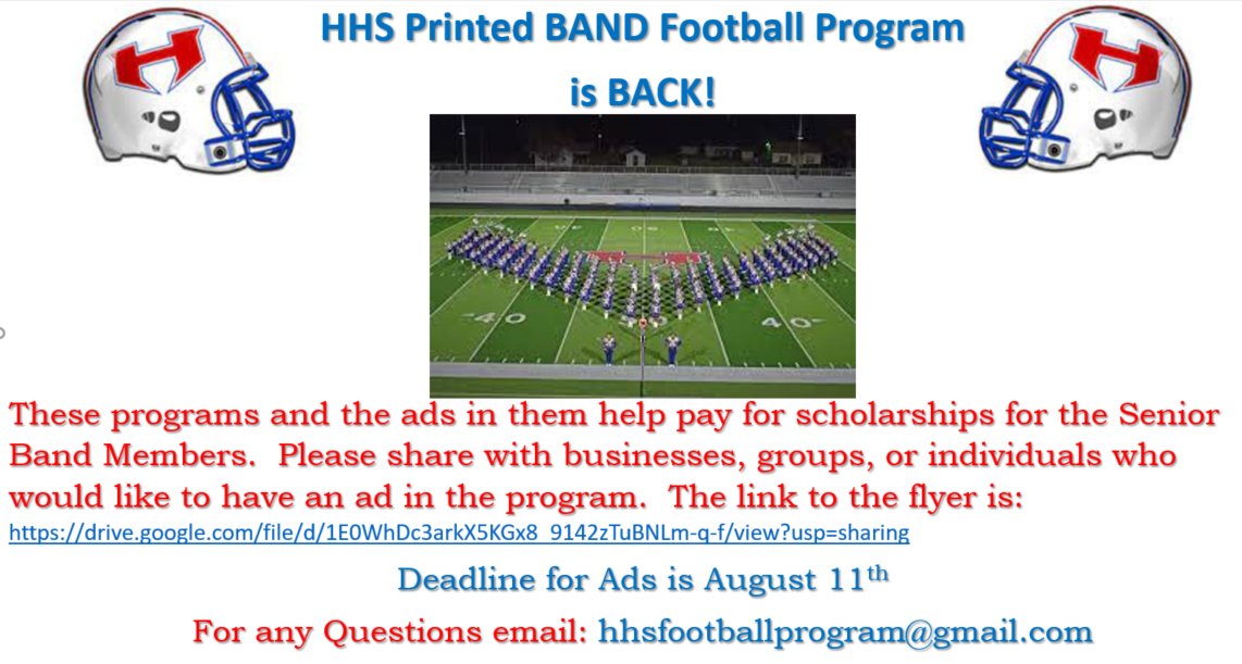 HendersonHSBand's tweet photo. Football Program Ads due by August 11!
https://t.co/sZ2E6ifsSo... https://t.co/YZD2DW3wYK