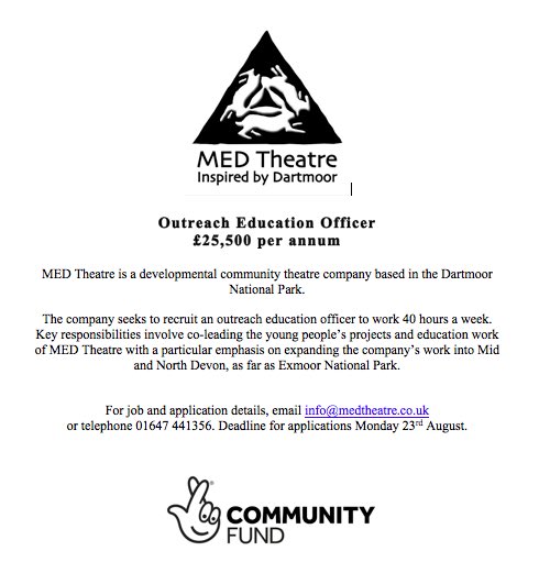 Thanks to <a href="/TNLComFund/">The National Lottery Community Fund</a> we are now looking for an OUTREACH EDUCATION OFFICER!
This is a full time position based in our studio in Moretonhampstead but working across Dartmoor and into North Devon. Please share!
#DevonJobs #ArtsJobs #hiring #jobsearch #careers