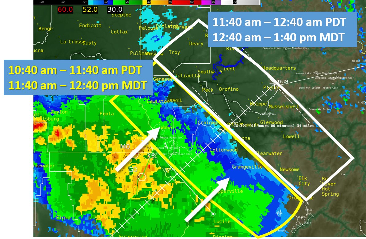 NWSMissoula's tweet photo. [10:46am PDT 8/5] Thunderstorm wind gusts to 40 mph, periodic cloud to ground  lightning, 0.05" to 0.50" rain are expected in the #Grangeville and #CamasPrairie within the hour. Time of arrival for #CougarRockComplex and #LelandComplex within 2 hours.
#idwx #idfire https://t.co/TUIk0HoLUU