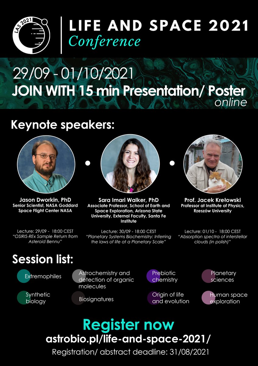 rafal_szabla's tweet photo. Together with @PAstrobio we are organizing the Life and Space 2021 conference on astrobiology and related topics, from 29 of Sept to 1st of Oct 2021. See here for more: https://t.co/SIiFphVOao
We have an excellent set of keynote speakers and spaces for oral/poster presentations https://t.co/nR3fsYeTJp