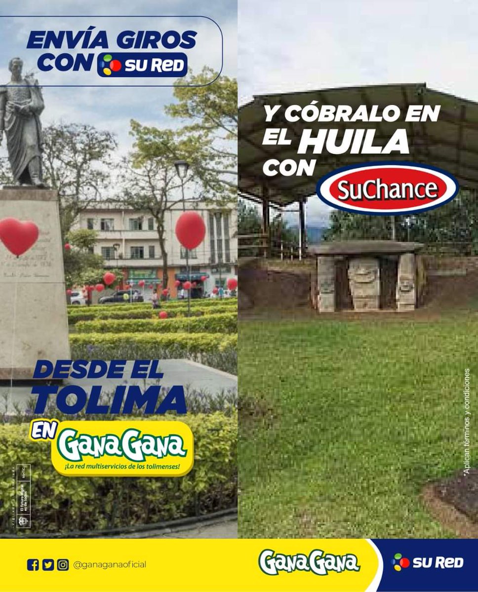 ganaganaoficial's tweet photo. #Giros | Envía Giros desde el Tolima con SuRed en GanaGana y recibe en el Huila Con SuChance!!! Llega a todo el país Girando en GanaGana ✌️ #GanaGana #GirosSuRed https://t.co/UhWWgNY3ee