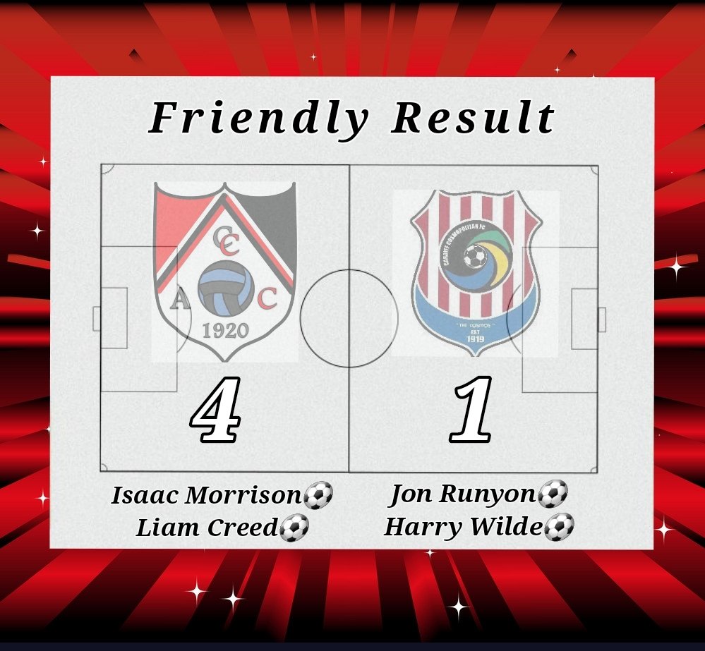 Friendly result from Tuesday evening. 

Great performances all round from the lads against <a href="/Cosmopolitan_fc/">Cosmopolitan FC</a>
Cheers for the game lads 🤝🏻

Goals from <a href="/IsaacMorrison/">Isaac Morrison</a> <a href="/LiamCreed7/">Liam</a> <a href="/H_Wilde17/">Harry Wilde</a> &amp; Jon Runyon ⚽️

#cosmosvscosmos