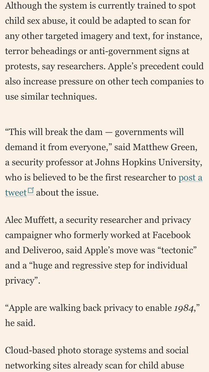 EghosaO's tweet photo. Interesting move by $AAPL.
#neuralMatch will scan iPhones for child abuse imagery. Applies to images stored locally & on iCloud.
The automated system proactively alerts a team of human reviewers if it believes illegal imagery is detected, who would then contact law enforcement. https://t.co/8eZg9liKwS