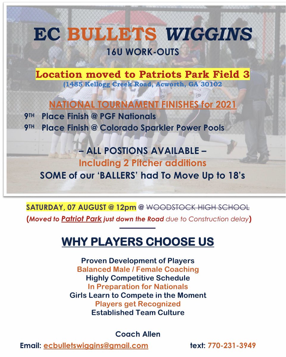 VipersWiggins05's tweet photo. UPDATED TRYOUT LOCATION      around the corner @ Patriots Park          1485 Kellogg Creek Road, Acworth, GA 30102 @EcWiggins https://t.co/iYNriR5g2N