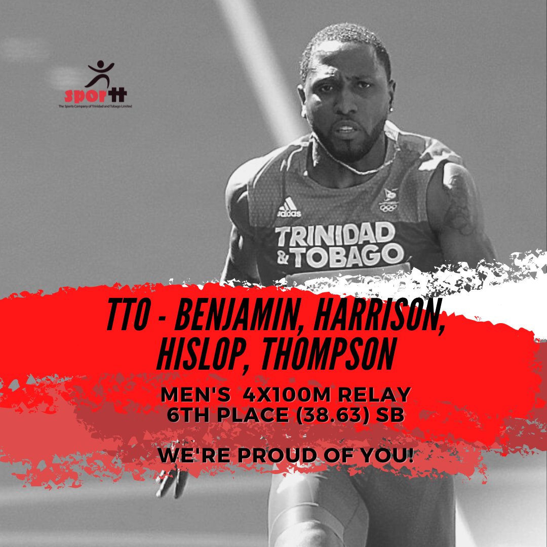 🇹🇹 T&T’s Relay Teams Set Season’s Best in Tokyo! ⏱️👏🏾

T&T Men’s 4x100m relay suffered the same fate but also produced a season’s best of 38.63 seconds ⏱️

Kion Benjamin, Eric Harrison, Akanni Hislop and Richard Thompson finished sixth in their heat 💪🏾

We stand proud! 🇹🇹👏🏾👏🏾👏🏾🇹🇹