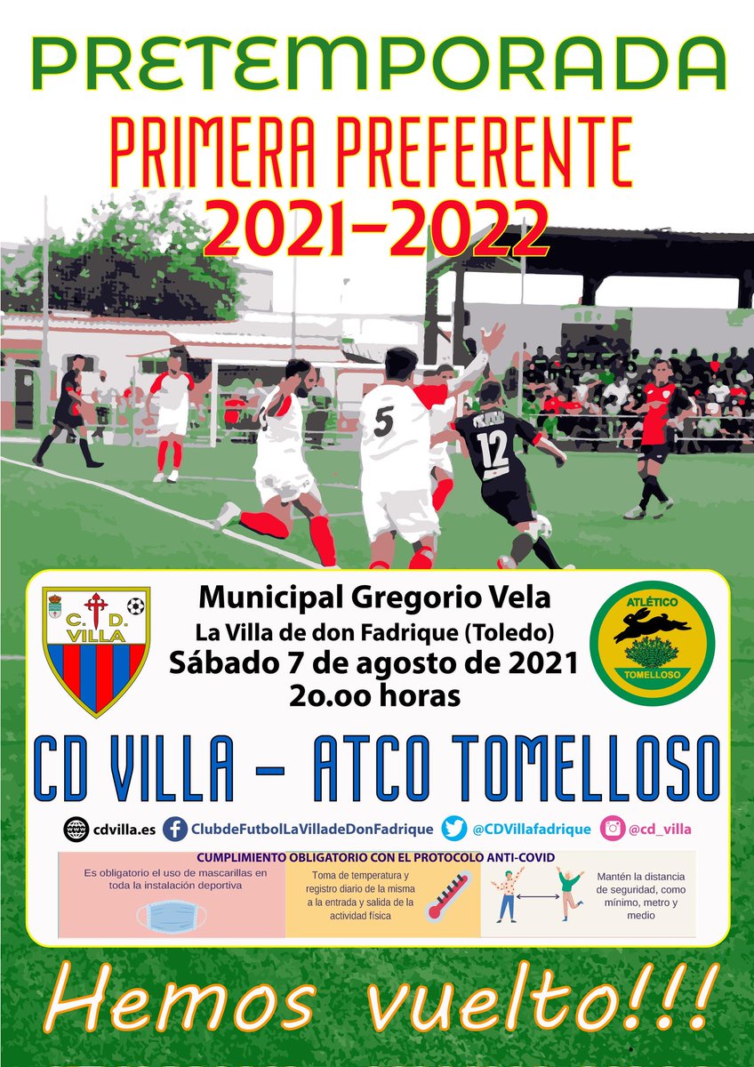 AtlTomelloso's tweet photo. AGENDA PRETEMPORADA | 

@AtlTomelloso

🆚 @CDVillafadrique

🗓️ SÁBADO 7 DE AGOSTO

🕐 20:00

🏟️ Municipal (La Villa de Don Fadrique)

⚽ Primer amistoso de pretemporada

#VolverAVolver #Amistoso #PreferenteGrupo1 https://t.co/jgg0PQcvft