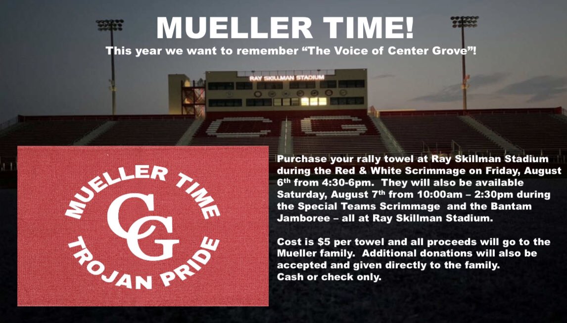 CG Community. Please join and get ur Rally Towel for a GREAT cause. All proceeds go to the Mueller Family. First opportunity to purchase is Friday at 4:30pm -6pm at Ray Skillman Stadium $5 per towel.  <a href="/CGSportsNetwork/">CG Sports Network</a> <a href="/CGTrojansAD/">CGHS Athletic Dept.</a>