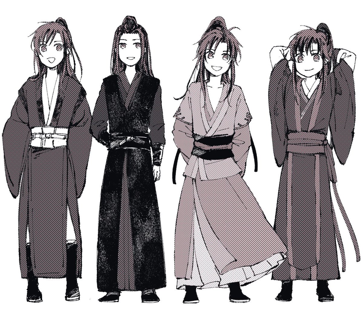 monochrome hanfu sash long sleeves long hair chinese clothes smile  illustration images