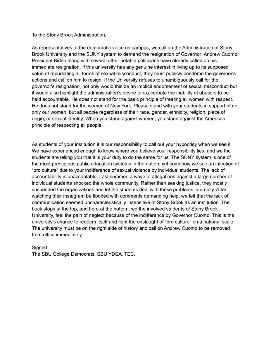 Letter to SBU to demand <a href="/NYGovCuomo/">Archive: Governor Andrew Cuomo</a> be removed from office.