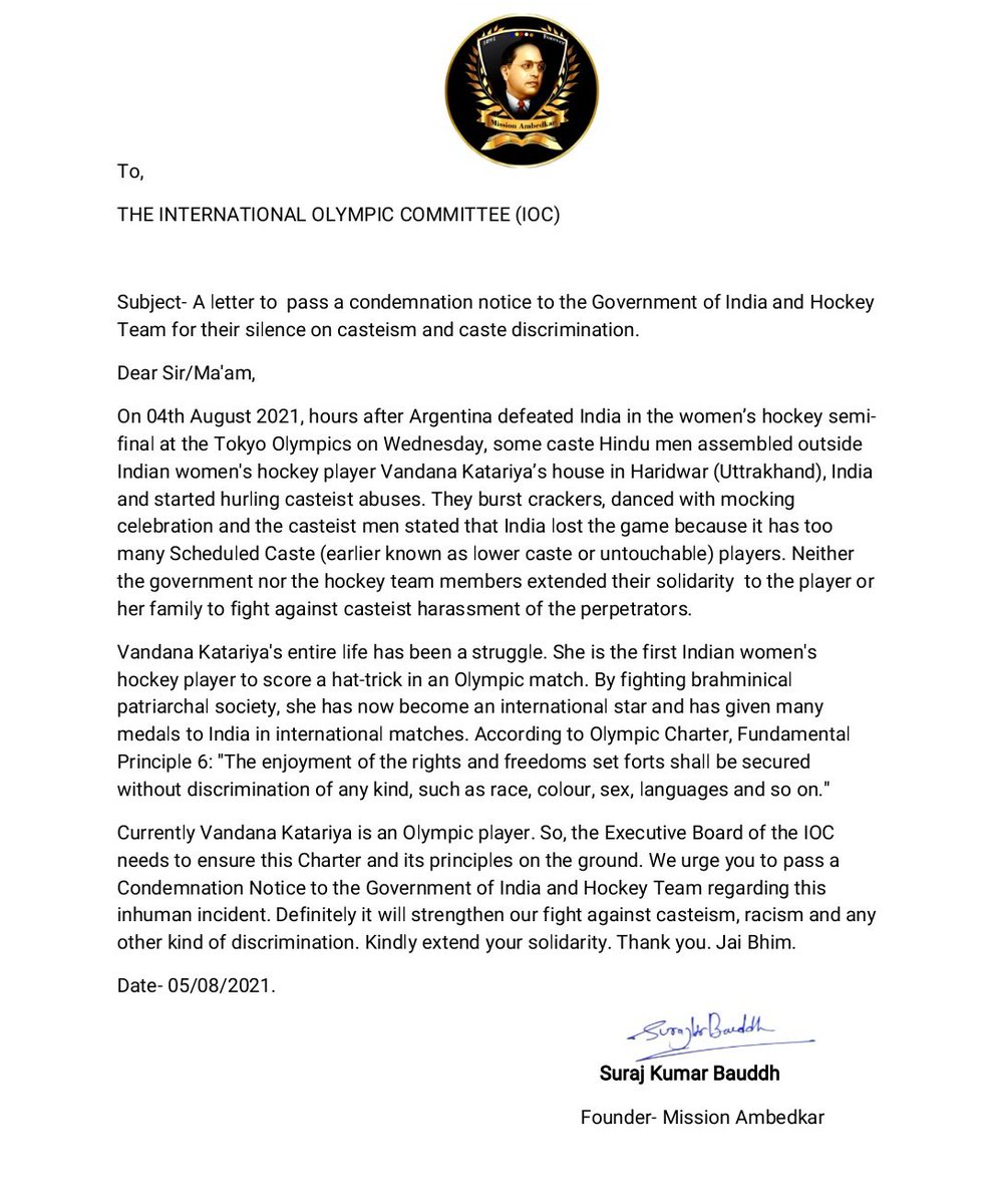 AmbedkarCircle_'s tweet photo. A letter to @Olympics committee to pass a condemnation notice to the Government of India and Hockey Team for their silence on caste discrimination with Oly star Vandana Katariya. @iocmedia #CrushTheCaste https://t.co/wMYEmpdAjw