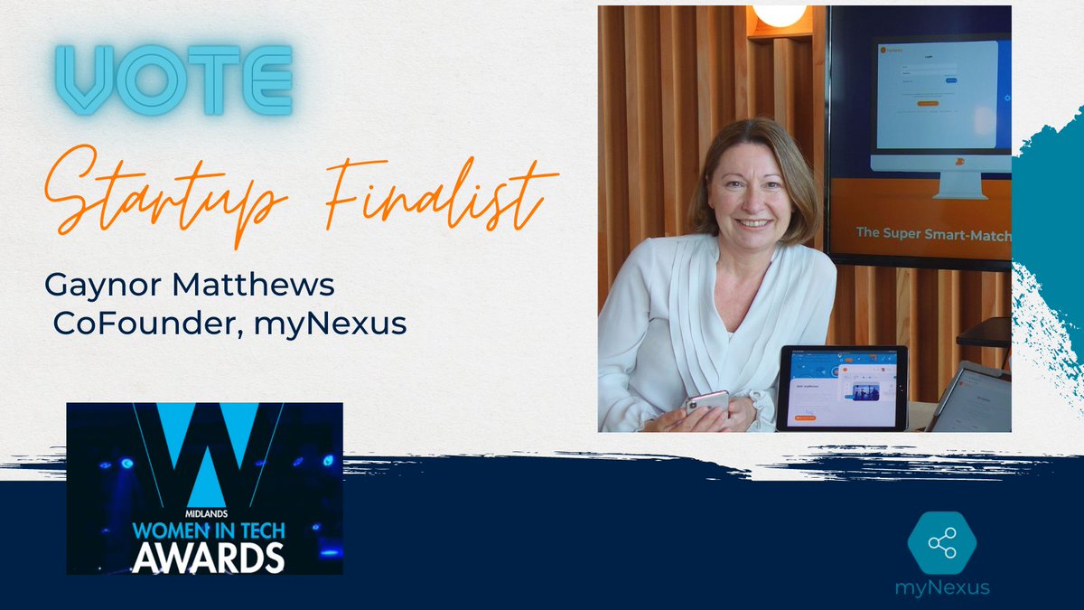GREAT NEWS!  Our co-founder Gaynor Matthews announced as a Finalist in the Midlands Women in Tech Awards <a href="/WITAwards/">Women In Tech Awards</a> 

You can support Gaynor and <a href="/JoinMyNexus/">JoinMyNexus</a> right here  🙏lnkd.in/dkMHfWA 

Congrats to all the amazing #womenintech that are nominated! 

#MWIT21 #startup