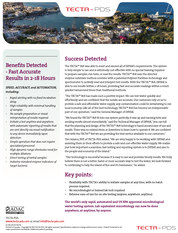 In the Greek island of Kos, DEYAK is the only municipal water authority on the island. To ensure that the water supplied to consumers is safe and suitable for home use as well as consumption by the local community, DEYAK turned to TECTA-PDS. #TECTATechnology #TECTAPDS