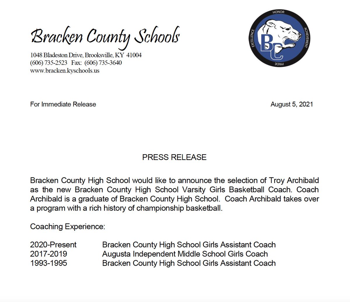 brackencounty's tweet photo. PRESS RELEASE:

Troy Archibald has been named the head girls basketball coach. https://t.co/vKRESgBUlI