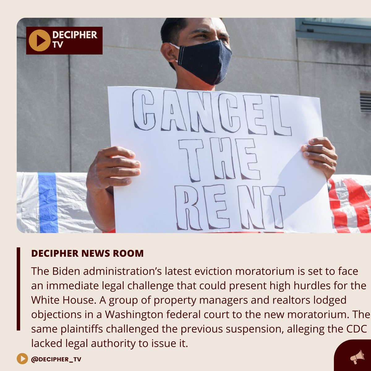 decipher_tv1's tweet photo. The ban has protected millions of tenants but created financial hardships for some landlords unable to collect rental income they rely upon for their livelihoods. 

#DecipherNewsRoom #DecipherTV https://t.co/ipZrr9rru3