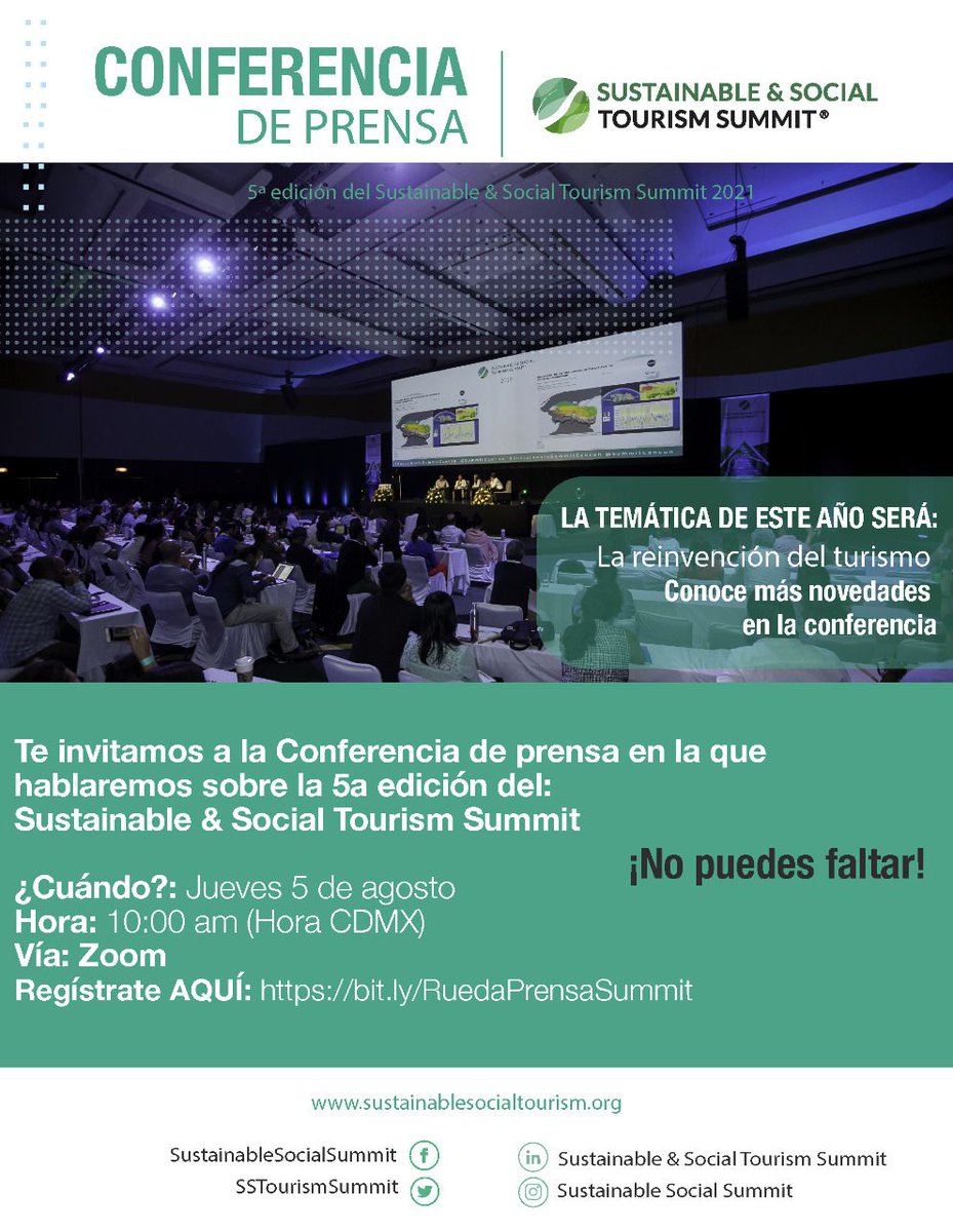 DestiNegocios's tweet photo. A las 10am nos vemos en la rueda de prensa del @SSTourismSummit para conocer detalles de la Cumbre de #TurismoSocial y #TurismoSustentable que será del 6 al 9 de septiembre en #Cancun #TipsdeEventos #DestinosyNegocios @vicenteferreyra @MarianOrtizB https://t.co/tF4a83pzB7