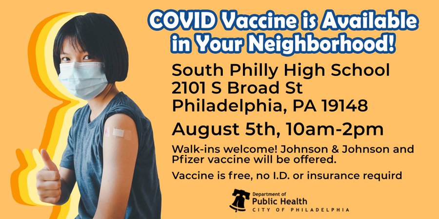 PHLPublicHealth's tweet photo. South Philly! Vaccine is available today until 2:00PM! #VaxUpPhilly https://t.co/y9JM169YHM
