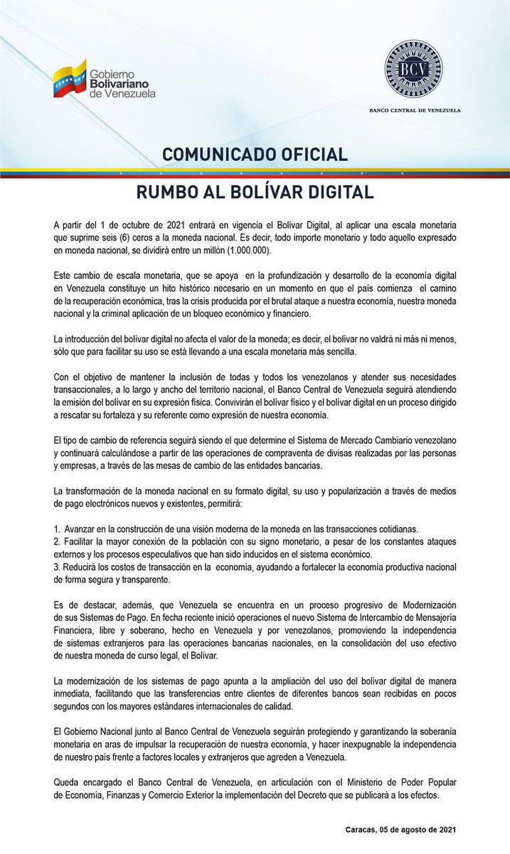 ¡Rumbo al Bolívar Digital! En el marco del Programa de Estabilización, Recuperación y Crecimiento Económico de la Patria, desde el #1Oct de 2021 entrará en vigencia el #BolívarDigital, nueva expresión monetaria del Bolívar mediante la supresión de 6 ceros a la moneda nacional.