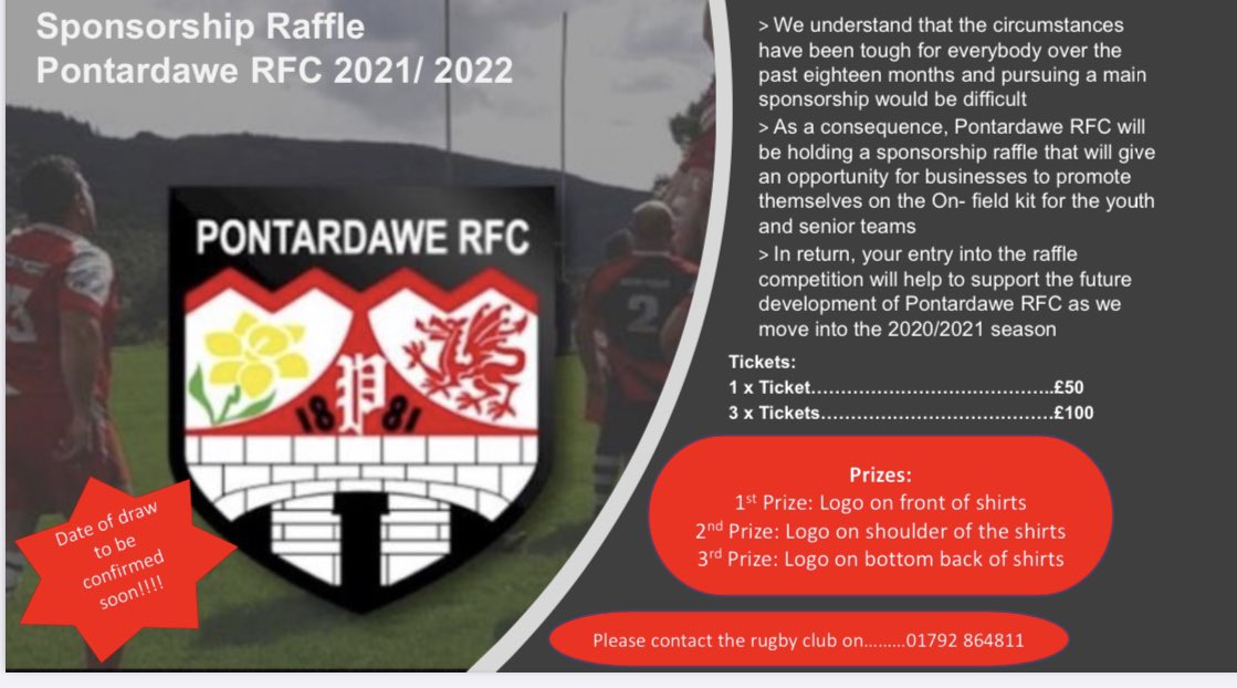 PontardaweRFC's tweet photo. Please get in touch if you are interested in our sponsorship raffle
Get in touch through Twitter Facebook Instagram or the contact details below
Cracking opportunity to get your business out there 👍🏻🏉💪🏼#uppapont https://t.co/9PDHq3X5dl