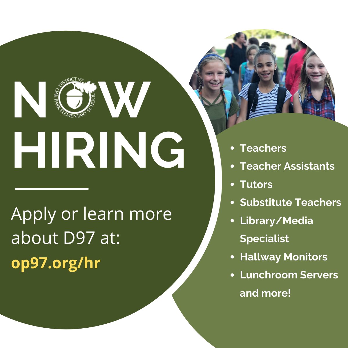 Join the D97 family and help us start the school year strong! We are hiring for a number of positions for the 2021-22 school year. Learn more and apply today at op97.org/hr.