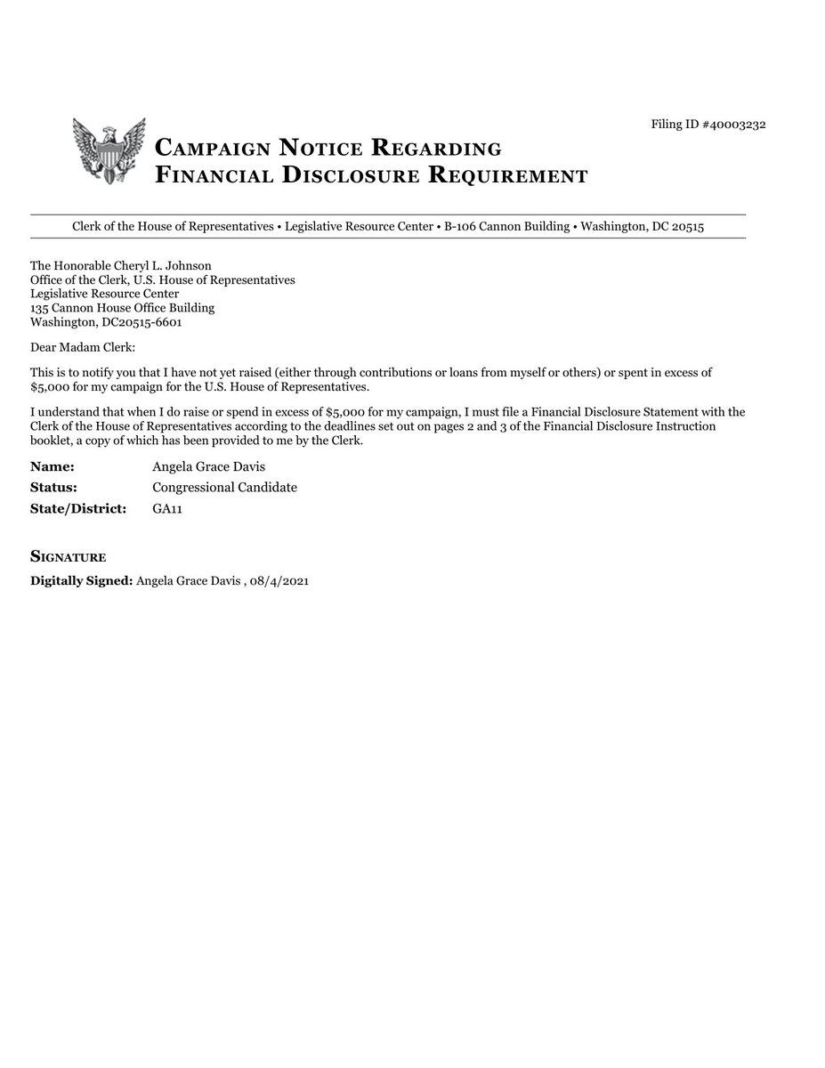 CATargetBot's tweet image. NEW HOUSE CAND FINANCIAL DISCLOSURE
CAMPAIGN NOTICE
Angela Grace Davis
#GA11
clerk.house.gov/public_disc/fi…