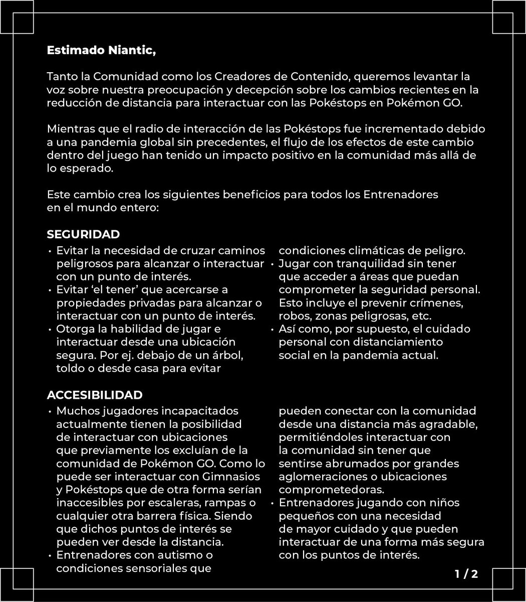 PoGoPeru's tweet photo. CARTA PARA NIANTIC: YouTubers, Influencers, Diseñadores y Comunidades de Pokémon GO levantan su voz para exigir una respuesta por parte de @NianticLabs en relación a la reducción del radio para girar Poképaradas.
#HearUsNiantic #PokemonGO

@PokemonGoApp @johnhanke @Pokemon https://t.co/ZC2oHzqKwE