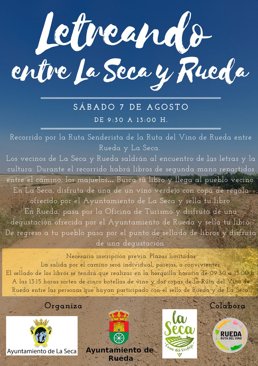 RutaVinoVerdejo's tweet photo. 📣#Letreando entre La Seca y Rueda. Recorrido por el sendero de la @RutaVinodeRueda (PRC-VA34) homologado por @FDMESCYL  buscando libros 📚📚usados, escondidos entre los viñedos. Además habrá degustaciones de vinos @DORueda Información: https://t.co/LGAXYg8EzN ❌Aforo completo❌ https://t.co/B0Jy1WvRa1