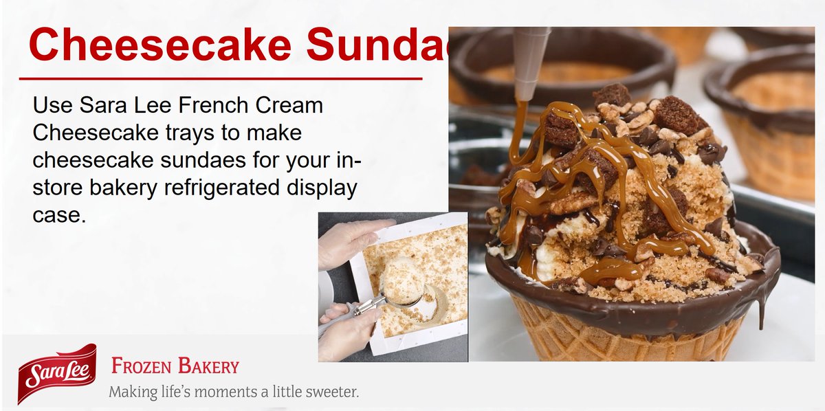 Add no-melt sundaes to your #InStoreBakery refrigerated display case with #SaraLee French Cream Cheesecakes. Watch the video to see how easy it is - zcu.io/dXNh 

Then explore more about this economical dessert building block today -  zcu.io/b10k