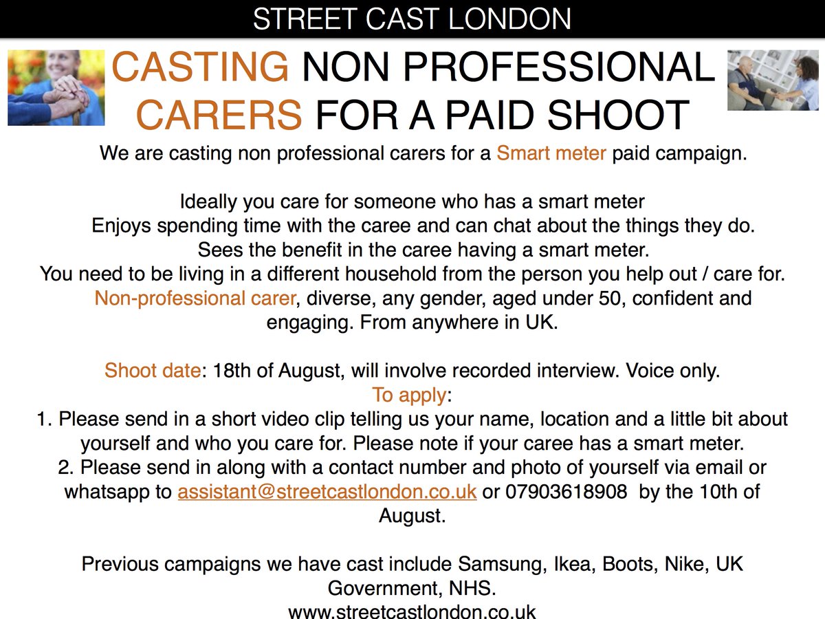 We are #casting non-professional #carers for paid smart meter advertising campaign. Must be UK based. Please do apply/share if interested. Thanks!