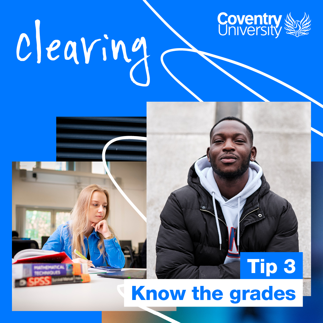 covcampus's tweet photo. #ClearingTips Make sure you know what grades you need for your desired course to put you in the best position if you meet, exceed or don't quite achieve your predicted grades: https://t.co/Qf0uPRI0AO
#Clearing2021 #DreamBig #RiseUp #CovUniDreamBig https://t.co/3bLpedt02g