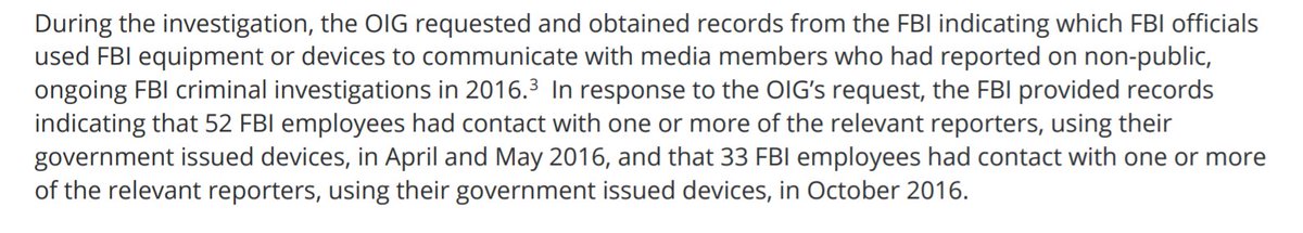 bradheath's tweet photo. The IG says 33 FBI employees were in touch around Oct. 2016 with reporters breaking stories about the Clinton investigation, the Clinton foundation and allegations Giuliani was making publicly, using their government devices. https://t.co/IaAGYagcwd