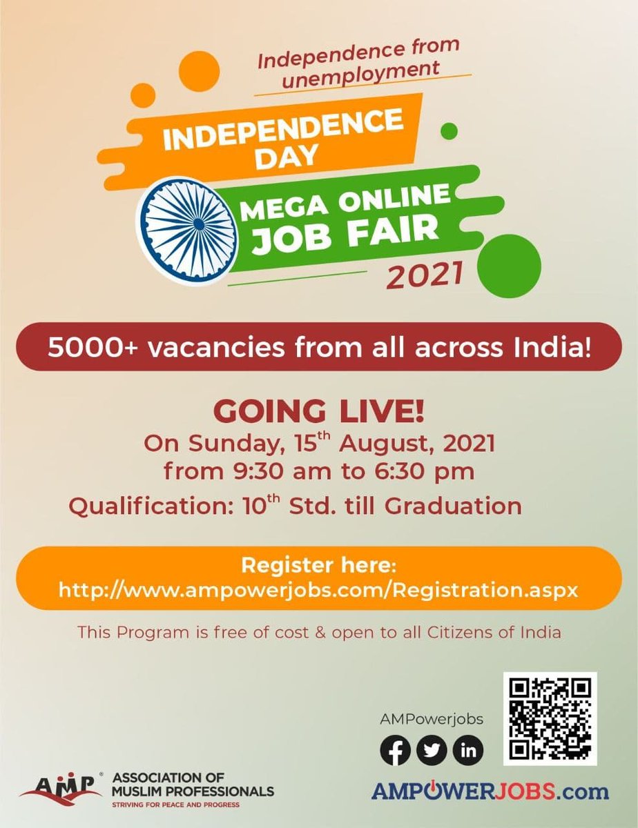 Amp India This Independenceday Get Independence From Unemployment Mega Onlinejobfair Organized By Association Of Muslim Professionals Amp Amp Ampowerjobs Date 15th August 21 Timing 9 30 Am To 6 30 Pm 5000
