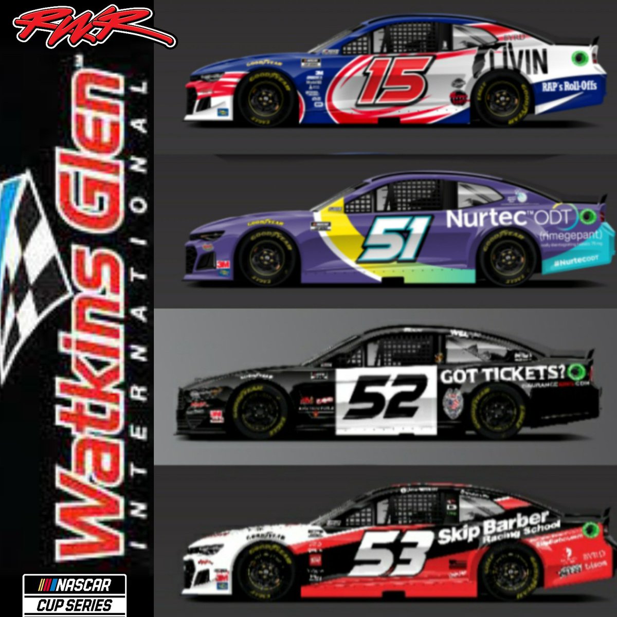 Rick Ware Racing (@rickwareracing) on Twitter photo 🚨🚨🚨SPOTTERS GUIDE 🚨🚨🚨
This weekend <a href="/WGI/">Watkins Glen International</a>
15 <a href="/RCEnerson/">RC Enerson</a> in the <a href="/LucasRaceSchool/">Lucas Oil School of Racing</a> Chevy
51 <a href="/NASCAR/">NASCAR</a> <a href="/iRacing/">iRacing</a> champ @DAV15ON_ moves to the <a href="/NurtecODT/">Nurtec® ODT (rimegepant)</a> @TeamNurtecODT
52 <a href="/joshbilicki/">Josh Bilicki</a> <a href="/insuranceking_/">insurance king corp</a> <a href="/WoundedBlue/">TheWoundedBlue</a>
53 <a href="/GarrettSmithley/">Garrett Smithley</a> flying the <a href="/SkipBarberRS/">Skip Barber Racing School</a> <a href="/ByrdRacing/">BYRD Racing</a> 🚨🚨🚨SPOTTERS GUIDE 🚨🚨🚨
This weekend <a href="/WGI/">Watkins Glen International</a>
15 <a href="/RCEnerson/">RC Enerson</a> in the <a href="/LucasRaceSchool/">Lucas Oil School of Racing</a> Chevy
51 <a href="/NASCAR/">NASCAR</a> <a href="/iRacing/">iRacing</a> champ @DAV15ON_ moves to the <a href="/NurtecODT/">Nurtec® ODT (rimegepant)</a> @TeamNurtecODT
52 <a href="/joshbilicki/">Josh Bilicki</a> <a href="/insuranceking_/">insurance king corp</a> <a href="/WoundedBlue/">TheWoundedBlue</a>
53 <a href="/GarrettSmithley/">Garrett Smithley</a> flying the <a href="/SkipBarberRS/">Skip Barber Racing School</a> <a href="/ByrdRacing/">BYRD Racing</a>
