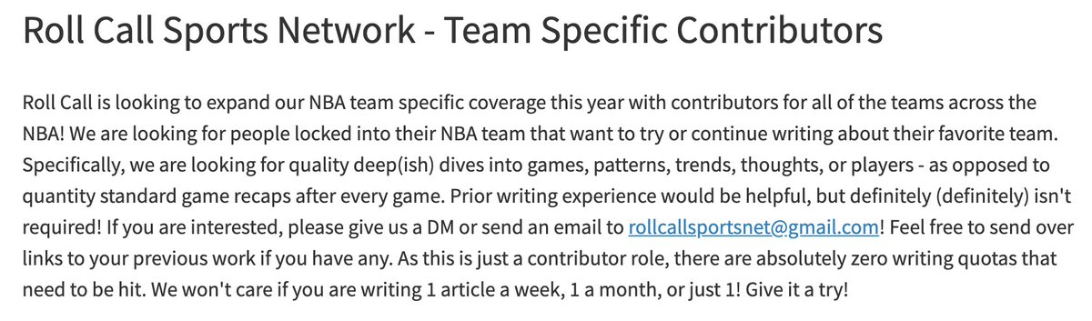 RollCallSN's tweet image. Roll Call is expanding to more team specific coverage this year!

Are you looking for a place to publish your work? Want to practice your writing or start building your basketball portfolio? Just love writing about your favorite team?

Send us a DM or email! And please share!