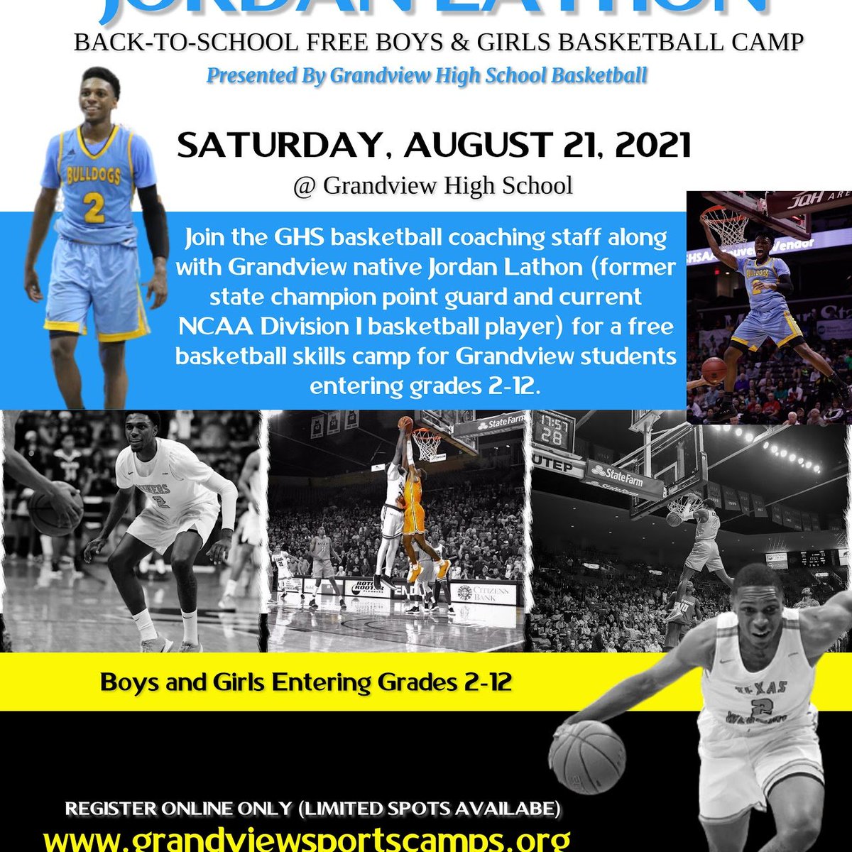 Join the GHS basketball coaching staff along with Grandview native Jordan Lathon (former state champion point guard and current NCAA Division I basketball player) for a FREE basketball camp. Details below! #everyonesgrowingatgms #WeAreGrandview