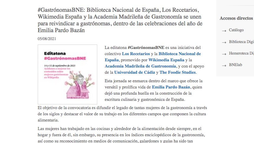 Con emoción y gratitud avanzo:

#Gastrónomas, movimiento que en 2017 impulsamos colectivamente con el fin de visualizar a las mujeres de la gastronomía, tendrá su propia Editatona en la <a href="/BNE_biblioteca/">Biblioteca Nacional de España</a> en el marco de las celebraciones del año de Emilia Pardo Bazán #GastrónomasBNE