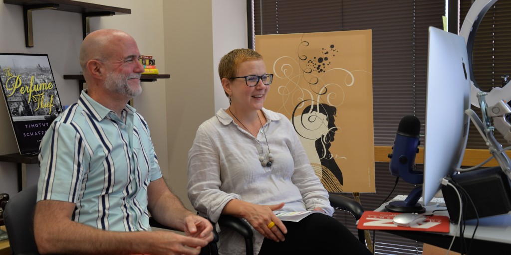 OmahaLibrary's tweet photo. "The Perfume Thief" author Timothy Schaffert recorded a mini episode of The Book Drop podcast, available at https://t.co/X05jbVOM6r. Learn about Schaffert's new book, the history of @OmahaLitFest &amp; more. Register to attend Schaffert's virtual visit at https://t.co/7r8TndGTdl. https://t.co/KzocigAu5B