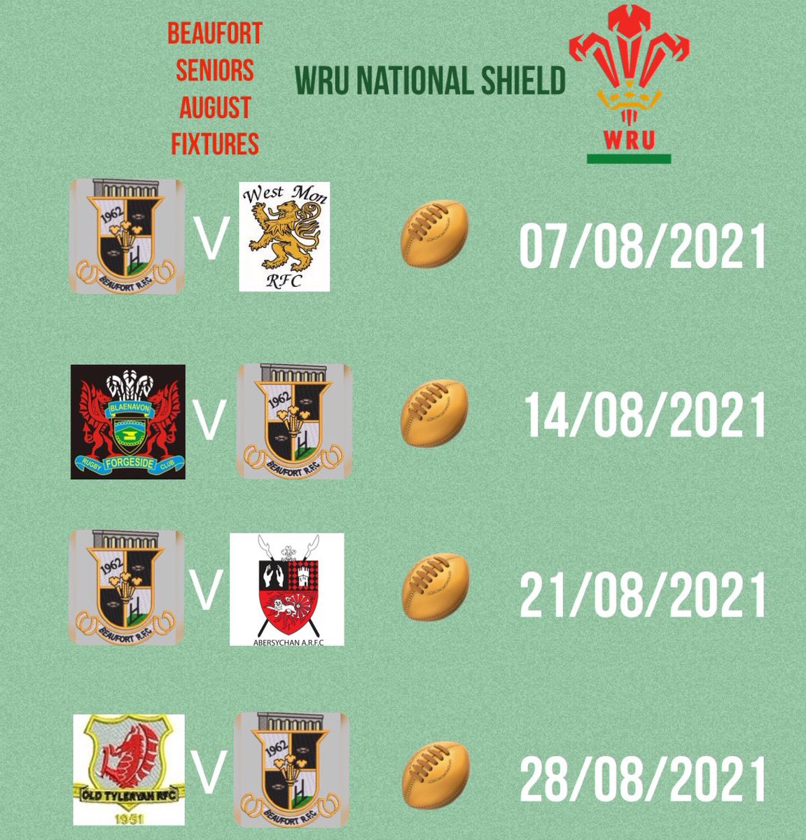 ‼️BEAUFORT SENIORS AUGUST FIXTURES‼️

Game dates for diary 📔 Come and support our boys in the WRU national shield 🏉

Bring your smiles, cheers and support ❤️

Check our socials weekly for more info🙌 

#upthefort #community #rugby #family