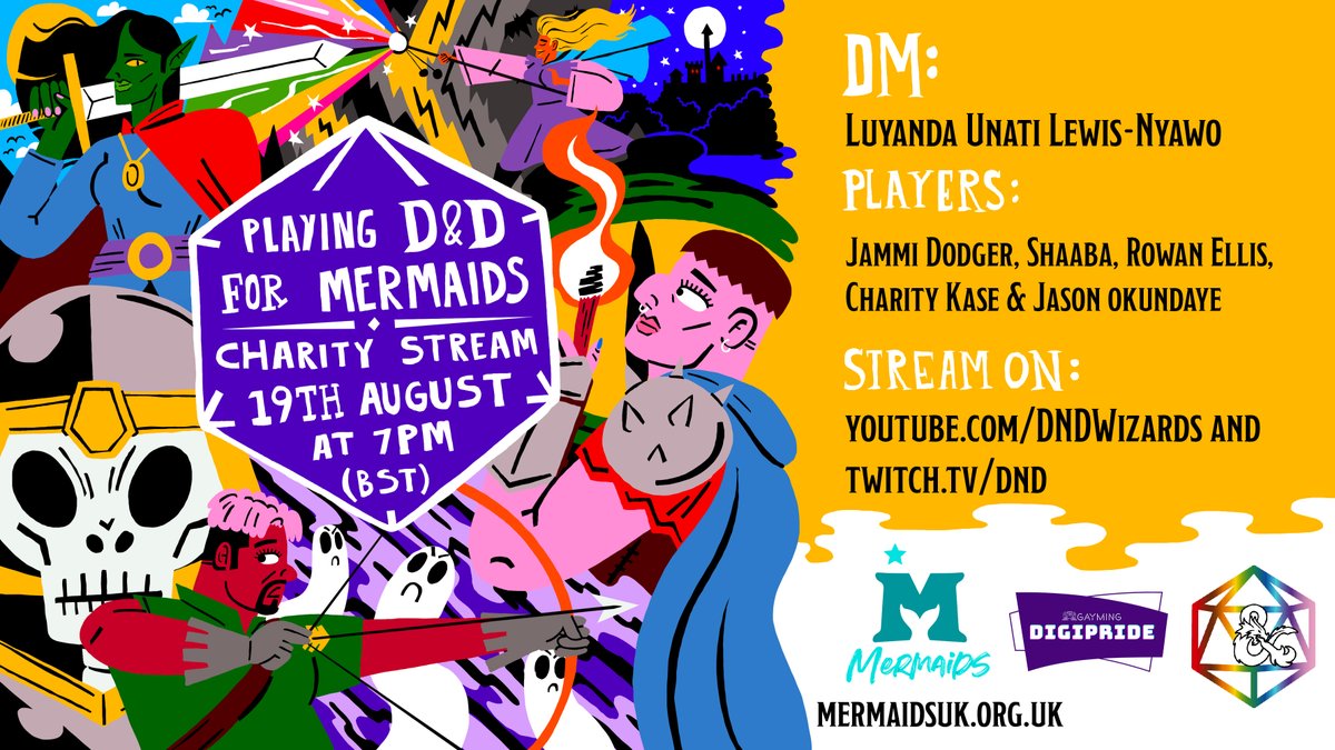 Wizards_DnD's tweet image. We're proud to partner with @Mermaids_Gender to produce a charity Dungeons &amp;amp; Dragons stream, raising funds in support of transgender youth on interactive platform @Tiltify as part of #DIGIPRIDE 2021!

Tune in on Thursday, August 19th at 11AM PT/7PM BST! tiltify.com/@dungeons-and-…