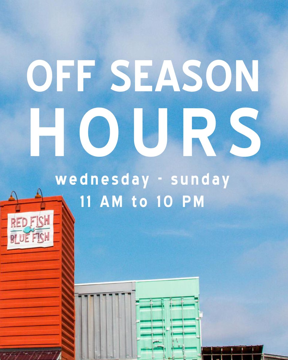 We start off-season hours this week! We will be closed Mondays and Tuesdays, but open for regular hours Wednesday through Sunday!