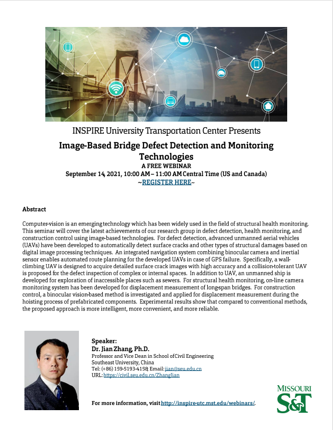 inspire_utc's tweet photo. On September 14th at 10:00 AM CST, join the us for a free webinar on: Image-Based Bridge Defect Detection and Monitoring Technologies by Dr. Jian Zhang of Southeast University, China
To register: https://t.co/IHg1sIU2gj https://t.co/EPBOghprZG