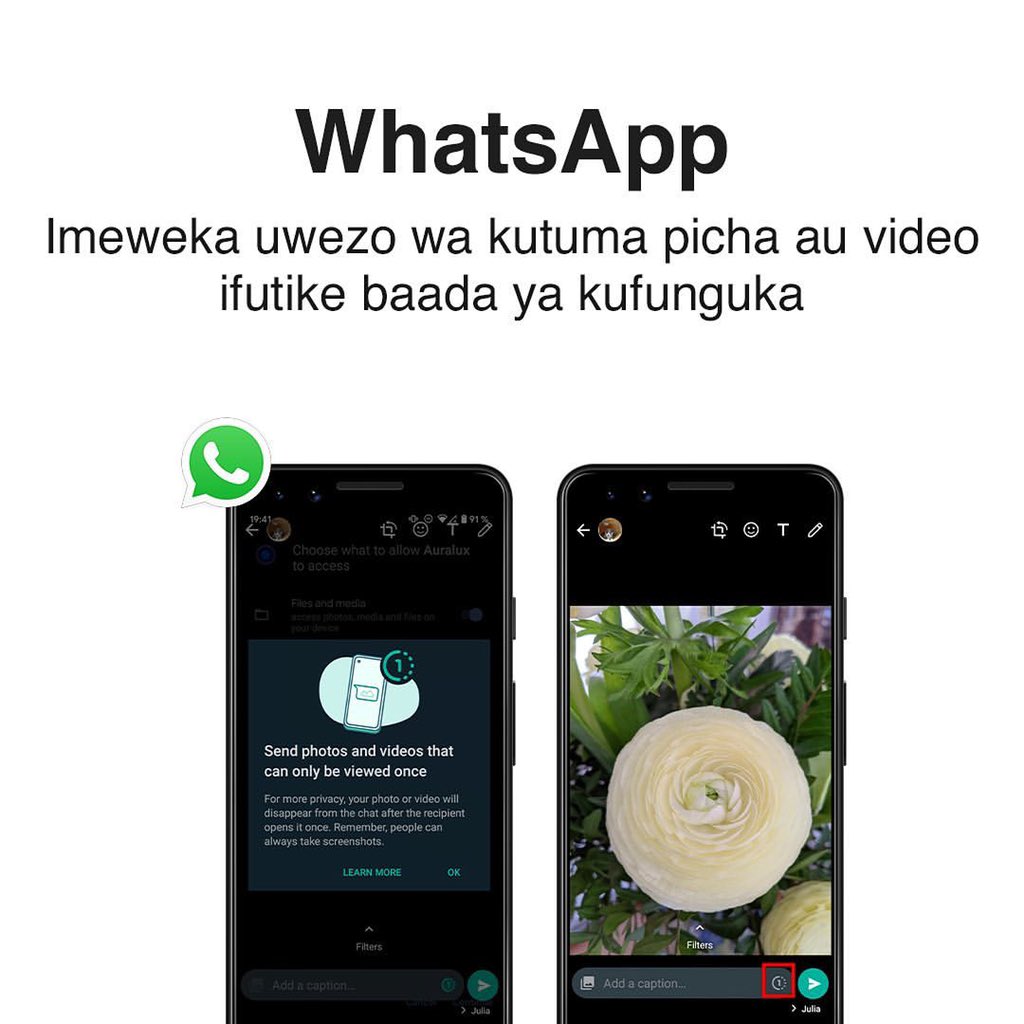 kichwa_25's tweet photo. WhatsApp imeweka feature mpya ambayo ilianzishwa na Snapchat. “View Once” ni uwezo wa mtu kuchagua picha au video ijifute baada ya mtu kutazama. Tayari imeanza kupatikana kwa watumiaji wote wa WhatsApp katika Android na iOS.
#SwahiliTech #WhatsApp #AppsUpdates https://t.co/eRYTuWvMsm