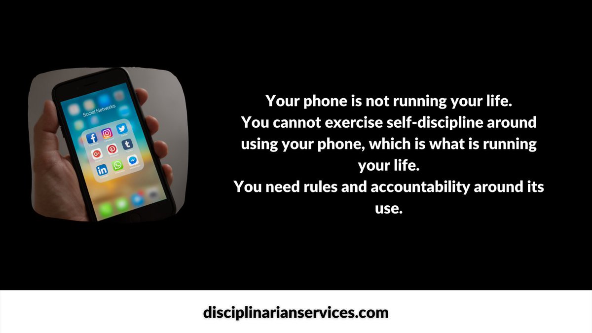 disciplineservi's tweet image. Your phone is not running your life.
You cannot exercise self-discipline around using your phone, which is what is running your life.
You need rules and accountability around its use.
#overcomephoneaddiction
#disciplinarian
#lifecoachforwomen
#realspanking
#phoneaddiction