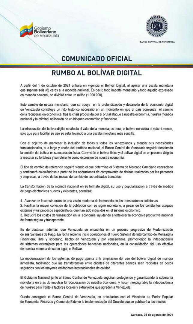 AgroComunal's tweet photo. #UrgenteTriángulo rojo señalando hacia arribaComunicado Oficial del @BCV_ORG_VE : A partir del #1Oct entra en vigencia el Bolívar Digital. https://t.co/H5Q4HaELwo