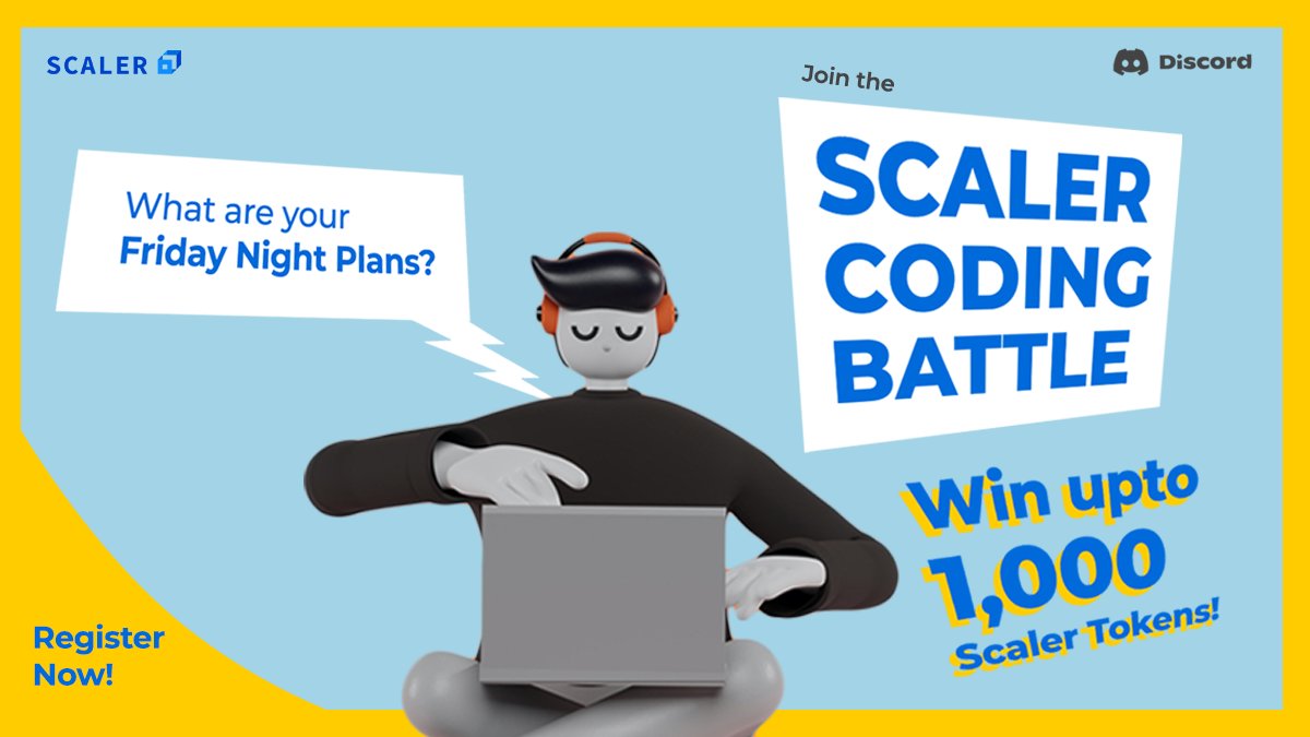 scaler_official's tweet image. What are your Friday Night Plans?
Join the Scaler Coding Battle on Discord
Exciting rewards:
1st Place - 1,000 Scaler Tokens
2nd Place - 500 Scaler Tokens
3rd Place - 250 Scaler Tokens
Register Now - discord.gg/scaler
#coders #softwaredeveloper #codingbattle #fridaynight